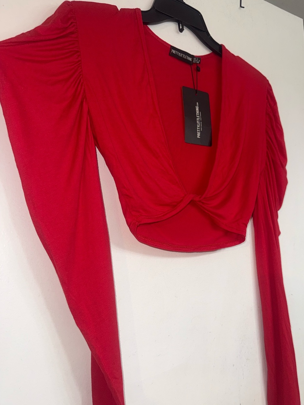 PrettyLittleThing Red Twist Front Long Sleeve Crop Top